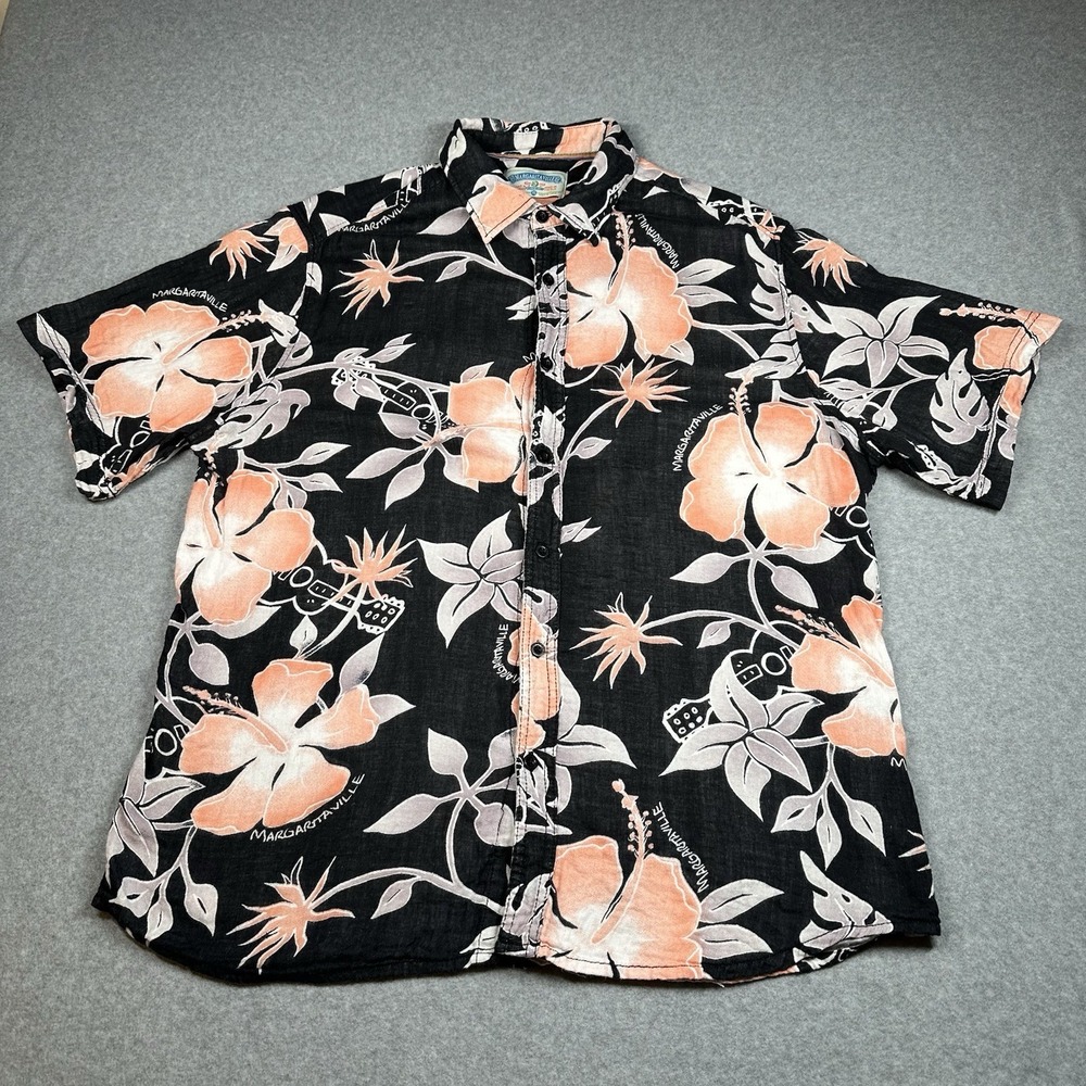 Margaritaville Black Hibiscus Guitar Hawaiian XL Camp Shirt Rayon Aloha NOTE